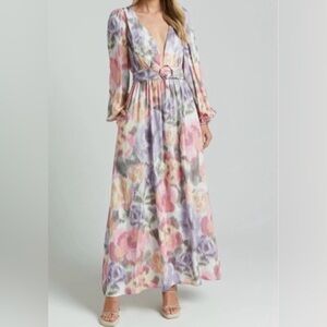 Amalie Floral Watercolor Maxi Dress in Pink, Lavender and Cream